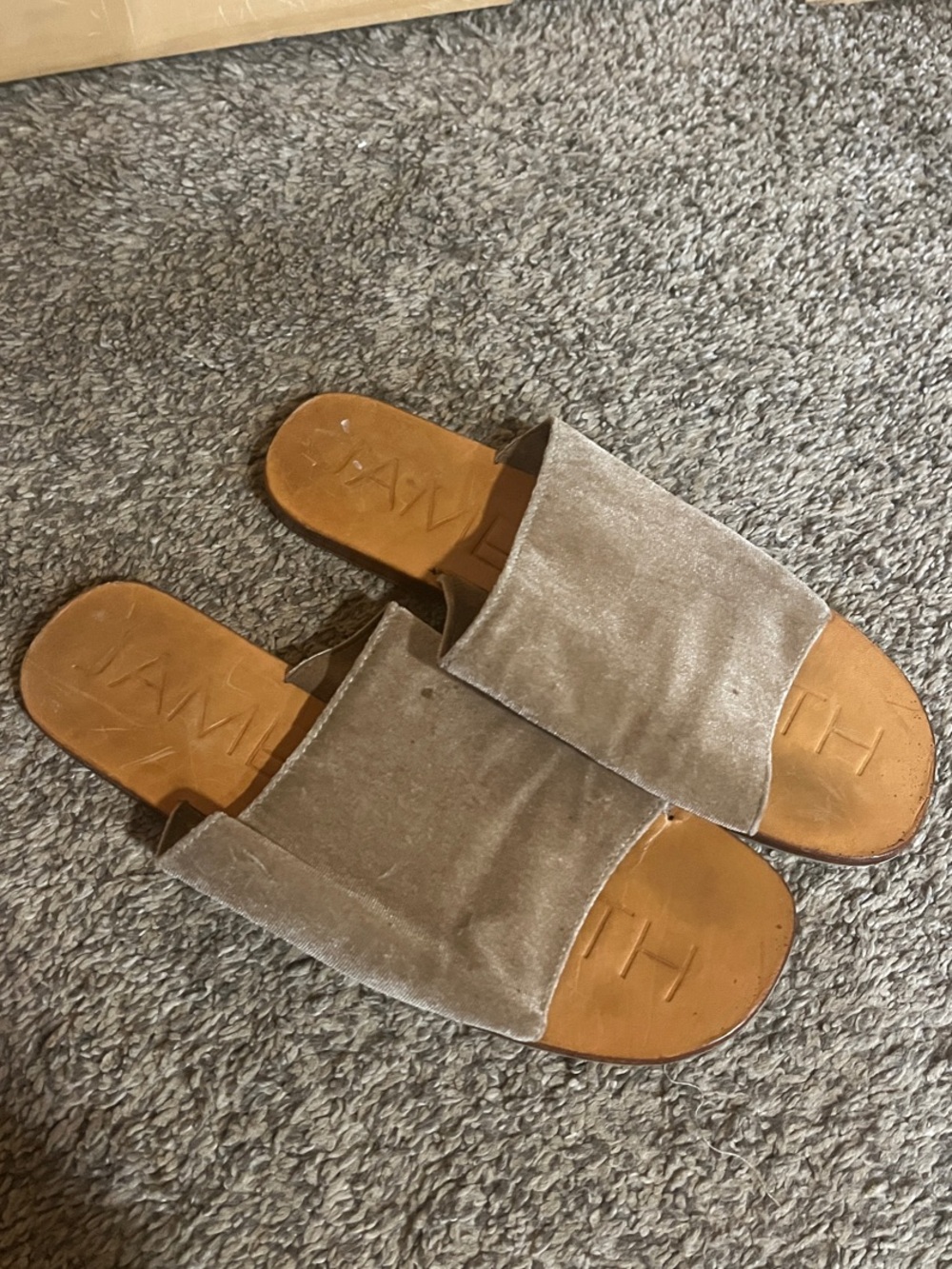 James Smith Off Duty Velvet Slide Sandals in Taupe - Women